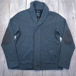 Prana Cardigan Men Large Blue Striped Wool Blend Shawl Collar Elbow Patch Jacket